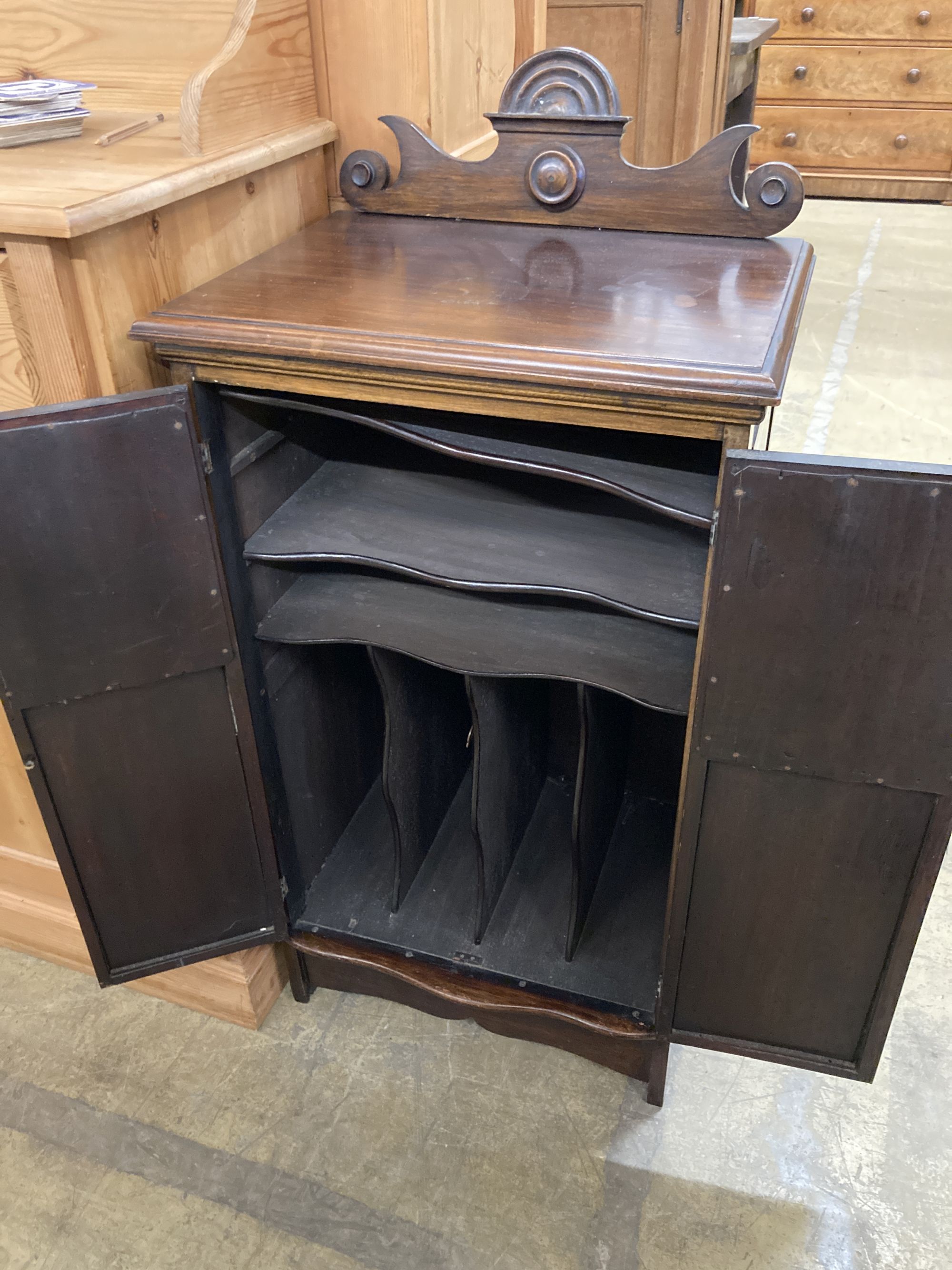 A Victorian inlaid mirrored music cabinet, width 48cm, depth 35cm, height 97cm